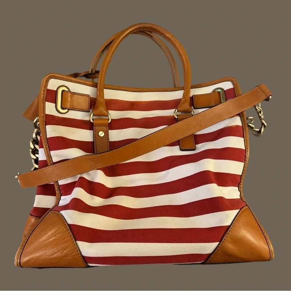 MICHAEL KORS Red and White Striped Hamilton Bag